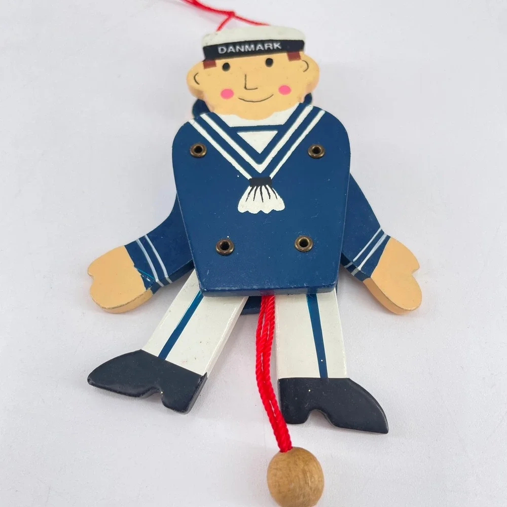 Vintage Danish Wooden Sailor Jumping Jack Ornament Danmark Hand Painted Toy